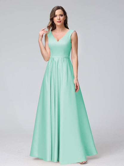 A-ligne col en V sans manches longueur au sol robes de demoiselle d'honneur en satin avec poches