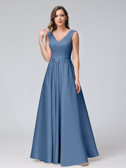 A-ligne col en V sans manches longueur au sol robes de demoiselle d'honneur en satin avec poches