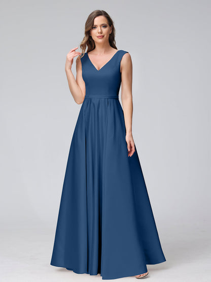 A-ligne col en V sans manches longueur au sol robes de demoiselle d'honneur en satin avec poches