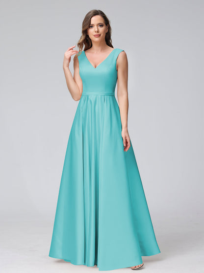 A-ligne col en V sans manches longueur au sol robes de demoiselle d'honneur en satin avec poches