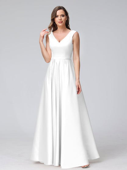A-ligne col en V sans manches longueur au sol robes de demoiselle d'honneur en satin avec poches