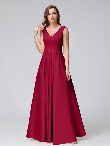 A-ligne col en V sans manches longueur au sol robes de demoiselle d'honneur en satin avec poches
