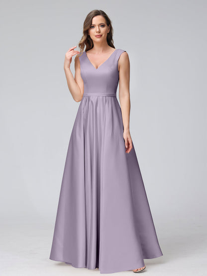 A-ligne col en V sans manches longueur au sol robes de demoiselle d'honneur en satin avec poches