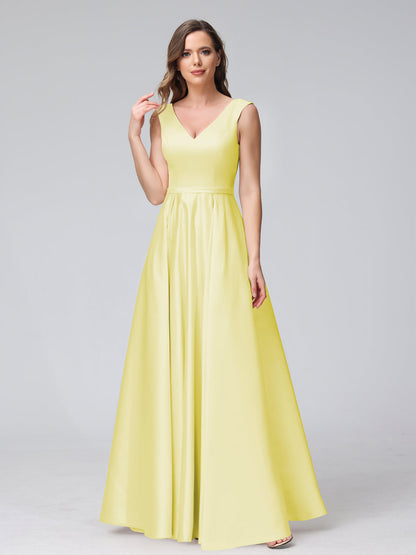 A-ligne col en V sans manches longueur au sol robes de demoiselle d'honneur en satin avec poches