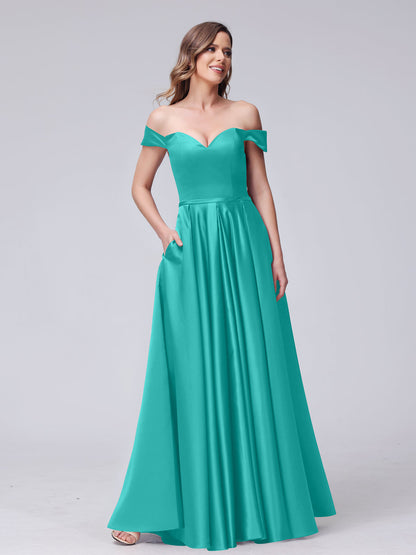 Robes longues en satin coupe trapèze, épaules dénudées, décolleté en cœur, avec poches