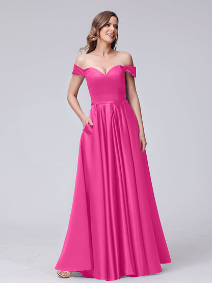 Robes longues en satin coupe trapèze, épaules dénudées, décolleté en cœur, avec poches