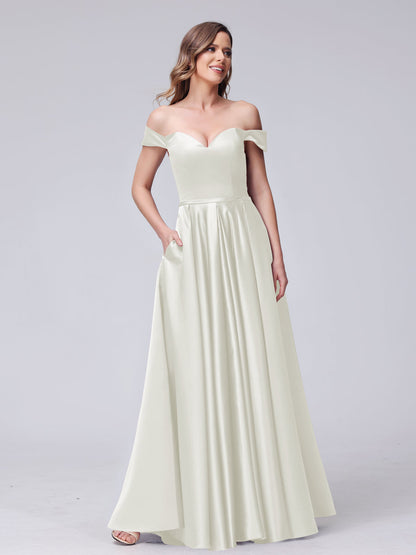 Robes longues en satin coupe trapèze, épaules dénudées, décolleté en cœur, avec poches