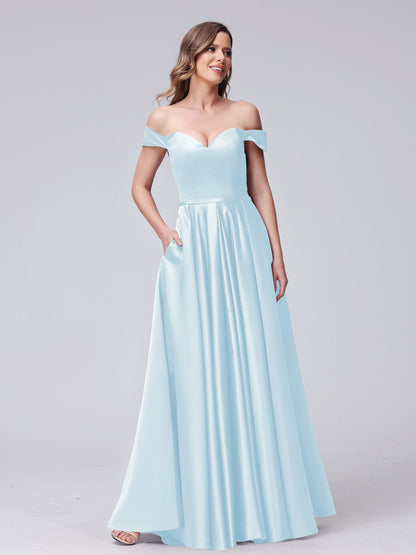 Robes longues en satin coupe trapèze, épaules dénudées, décolleté en cœur, avec poches