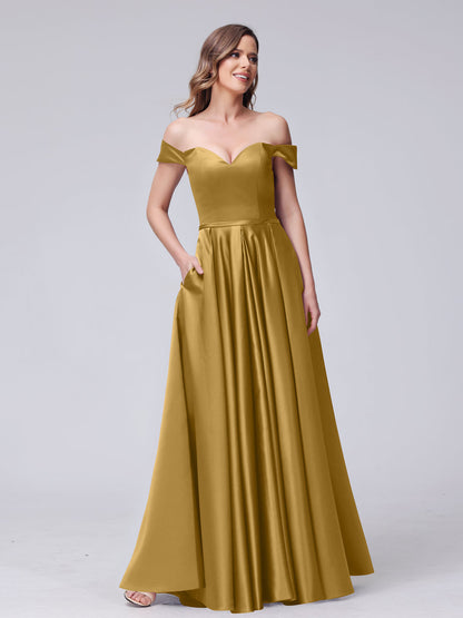 Robes longues en satin coupe trapèze, épaules dénudées, décolleté en cœur, avec poches