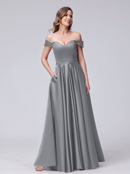 Robes longues en satin coupe trapèze, épaules dénudées, décolleté en cœur, avec poches