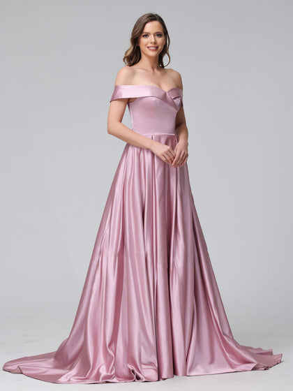 Robes de soirée longues en satin, coupe trapèze, épaules dénudées, avec fentes latérales et poches
