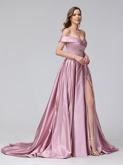 Robes de soirée longues en satin, coupe trapèze, épaules dénudées, avec fentes latérales et poches
