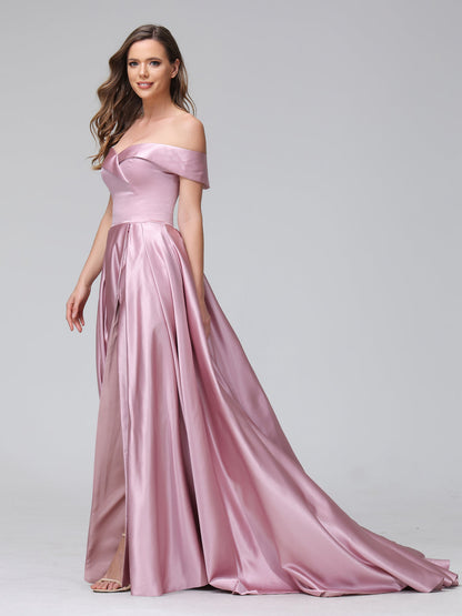 Robes de soirée longues en satin, coupe trapèze, épaules dénudées, avec fentes latérales et poches