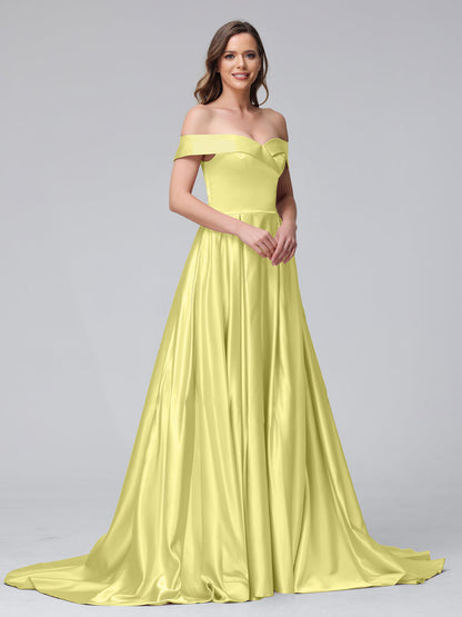Robes de soirée longues en satin, coupe trapèze, épaules dénudées, avec fentes latérales et poches