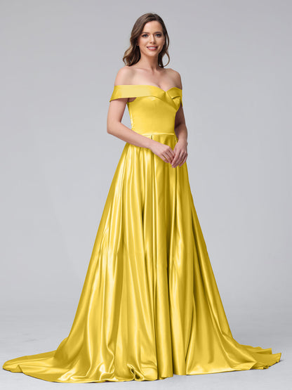 Robes de soirée longues en satin, coupe trapèze, épaules dénudées, avec fentes latérales et poches