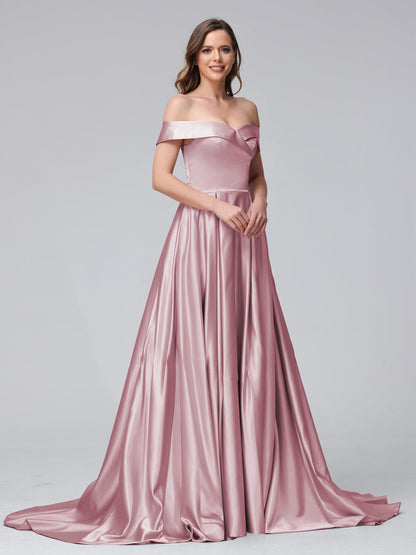 Robes de soirée longues en satin, coupe trapèze, épaules dénudées, avec fentes latérales et poches