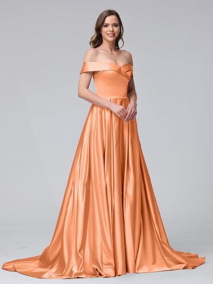 Robes de soirée longues en satin, coupe trapèze, épaules dénudées, avec fentes latérales et poches