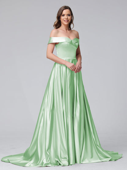 Robes de soirée longues en satin, coupe trapèze, épaules dénudées, avec fentes latérales et poches