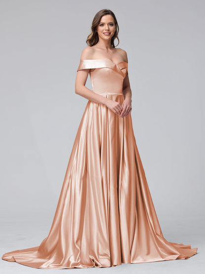 Robes de soirée longues en satin, coupe trapèze, épaules dénudées, avec fentes latérales et poches