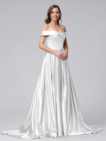 Robes de soirée longues en satin, coupe trapèze, épaules dénudées, avec fentes latérales et poches