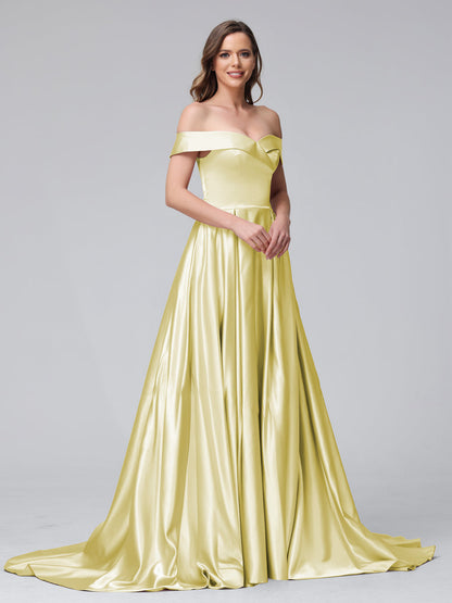 Robes de soirée longues en satin, coupe trapèze, épaules dénudées, avec fentes latérales et poches