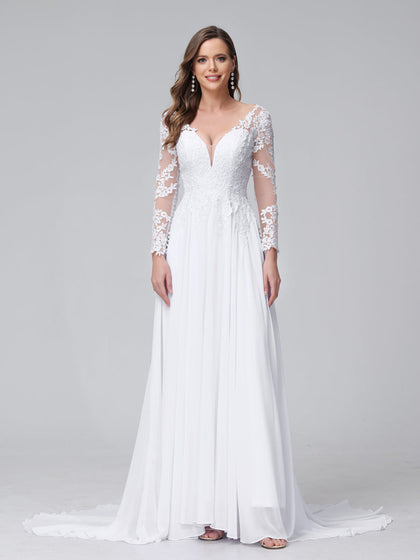 Robe de mariée trapèze col en V, manches longues, en mousseline de soie, avec appliques en dentelle