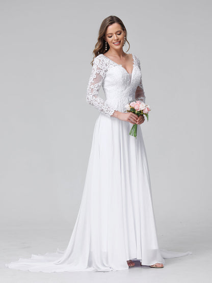 Robe de mariée trapèze col en V, manches longues, en mousseline de soie, avec appliques en dentelle