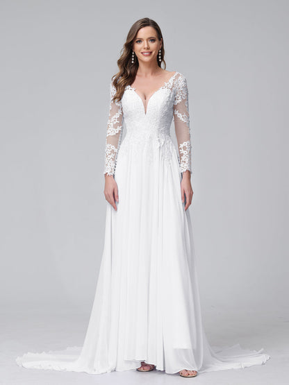 Robe de mariée trapèze col en V, manches longues, en mousseline de soie, avec appliques en dentelle