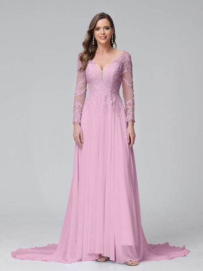 Robe de mariée trapèze col en V, manches longues, en mousseline de soie, avec appliques en dentelle
