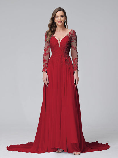 Robe de mariée trapèze col en V, manches longues, en mousseline de soie, avec appliques en dentelle