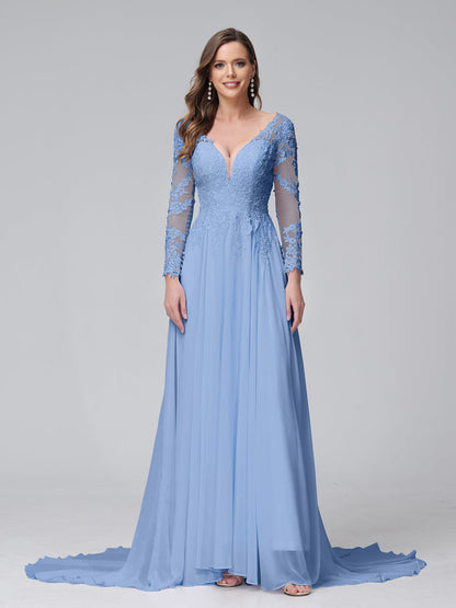 Robe de mariée trapèze col en V, manches longues, en mousseline de soie, avec appliques en dentelle