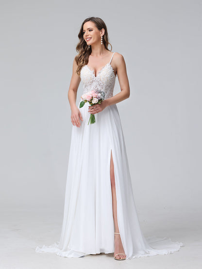 Robe de mariée trapèze, bretelles Spaghetti, col en V, sans manches, longue, en mousseline, avec appliques fendues sur le côté