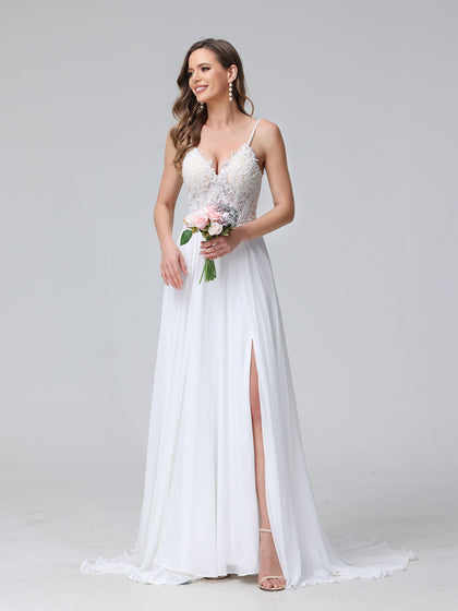 Robe de mariée trapèze, bretelles Spaghetti, col en V, sans manches, longue, en mousseline, avec appliques fendues sur le côté
