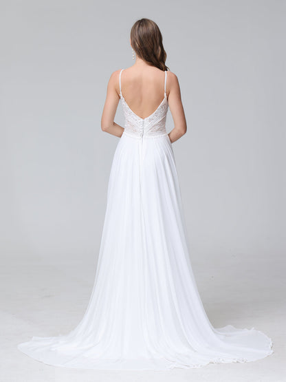 Robe de mariée trapèze, bretelles Spaghetti, col en V, sans manches, longue, en mousseline, avec appliques fendues sur le côté