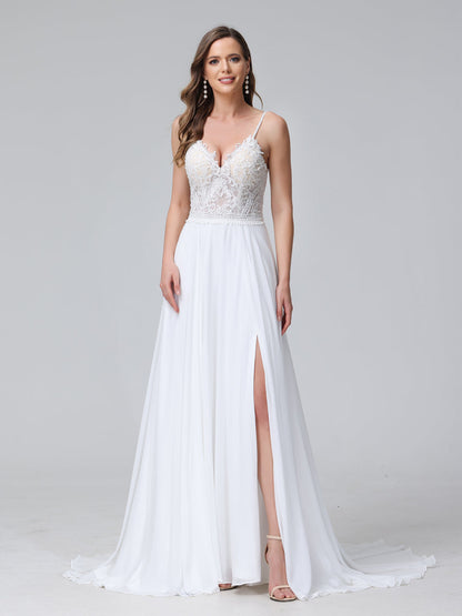 Robe de mariée trapèze, bretelles Spaghetti, col en V, sans manches, longue, en mousseline, avec appliques fendues sur le côté