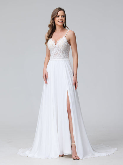 Robe de mariée trapèze, bretelles Spaghetti, col en V, sans manches, longue, en mousseline, avec appliques fendues sur le côté