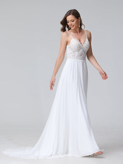 Robe de mariée trapèze, bretelles Spaghetti, col en V, sans manches, longue, en mousseline, avec appliques fendues sur le côté