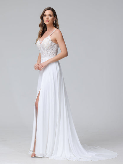 Robe de mariée trapèze, bretelles Spaghetti, col en V, sans manches, longue, en mousseline, avec appliques fendues sur le côté