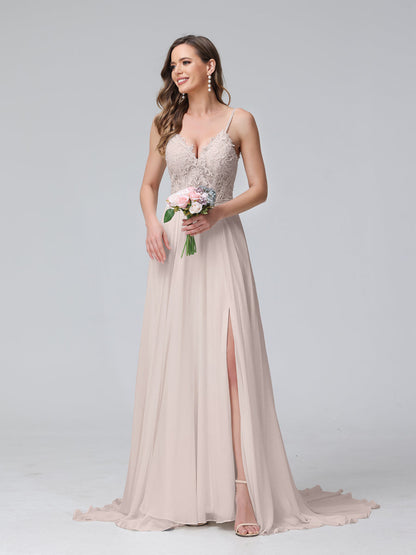 Robe de mariée trapèze, bretelles Spaghetti, col en V, sans manches, longue, en mousseline, avec appliques fendues sur le côté