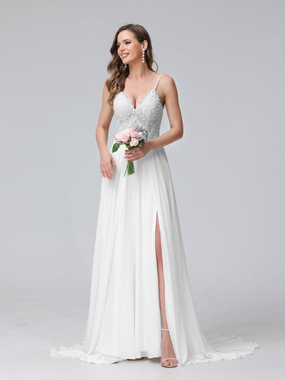 Robe de mariée trapèze, bretelles Spaghetti, col en V, sans manches, longue, en mousseline, avec appliques fendues sur le côté
