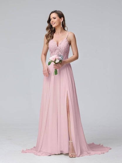 Robe de mariée trapèze, bretelles Spaghetti, col en V, sans manches, longue, en mousseline, avec appliques fendues sur le côté