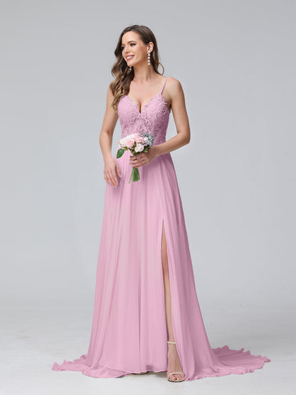 Robe de mariée trapèze, bretelles Spaghetti, col en V, sans manches, longue, en mousseline, avec appliques fendues sur le côté