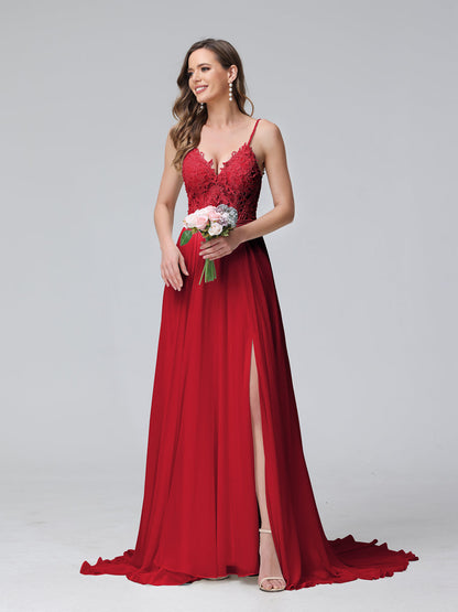 Robe de mariée trapèze, bretelles Spaghetti, col en V, sans manches, longue, en mousseline, avec appliques fendues sur le côté