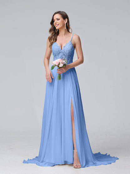 Robe de mariée trapèze, bretelles Spaghetti, col en V, sans manches, longue, en mousseline, avec appliques fendues sur le côté