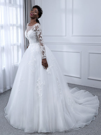 Robes de mariée robe de bal en tulle à col transparent avec manches longues et appliques