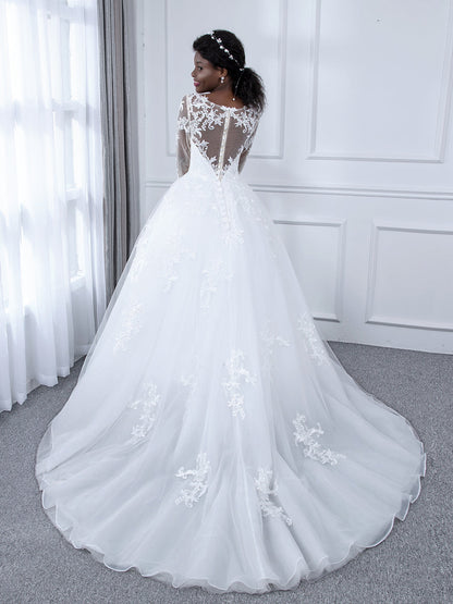 Robes de mariée robe de bal en tulle à col transparent avec manches longues et appliques