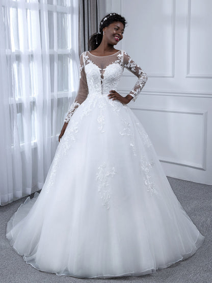 Robes de mariée robe de bal en tulle à col transparent avec manches longues et appliques