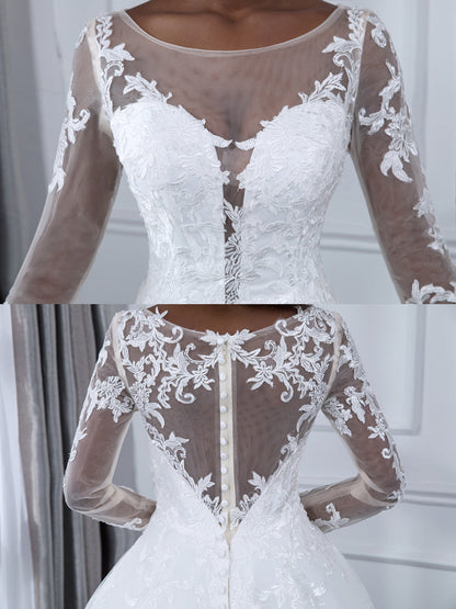 Robes de mariée robe de bal en tulle à col transparent avec manches longues et appliques