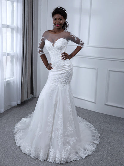 Robes de mariée sirène en tulle à manches 3/4 et col transparent avec appliques de perles