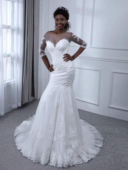 Robes de mariée sirène en tulle à manches 3/4 et col transparent avec appliques de perles